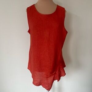 Inizio Chili Orange Linen Mixed Media Lagenlook Pleat Tank Top INJ81181 EUC Sz M